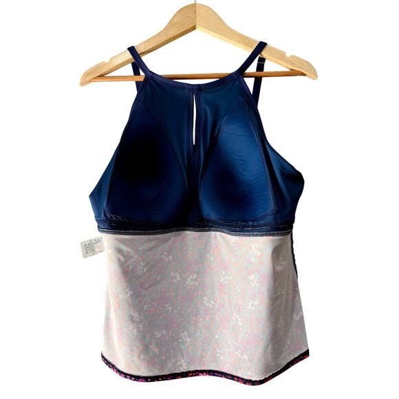 Lands’ End Keyhole High Neck Tankini Top Navy Pink Orange Floral Size 18 - Picture 10 of 12